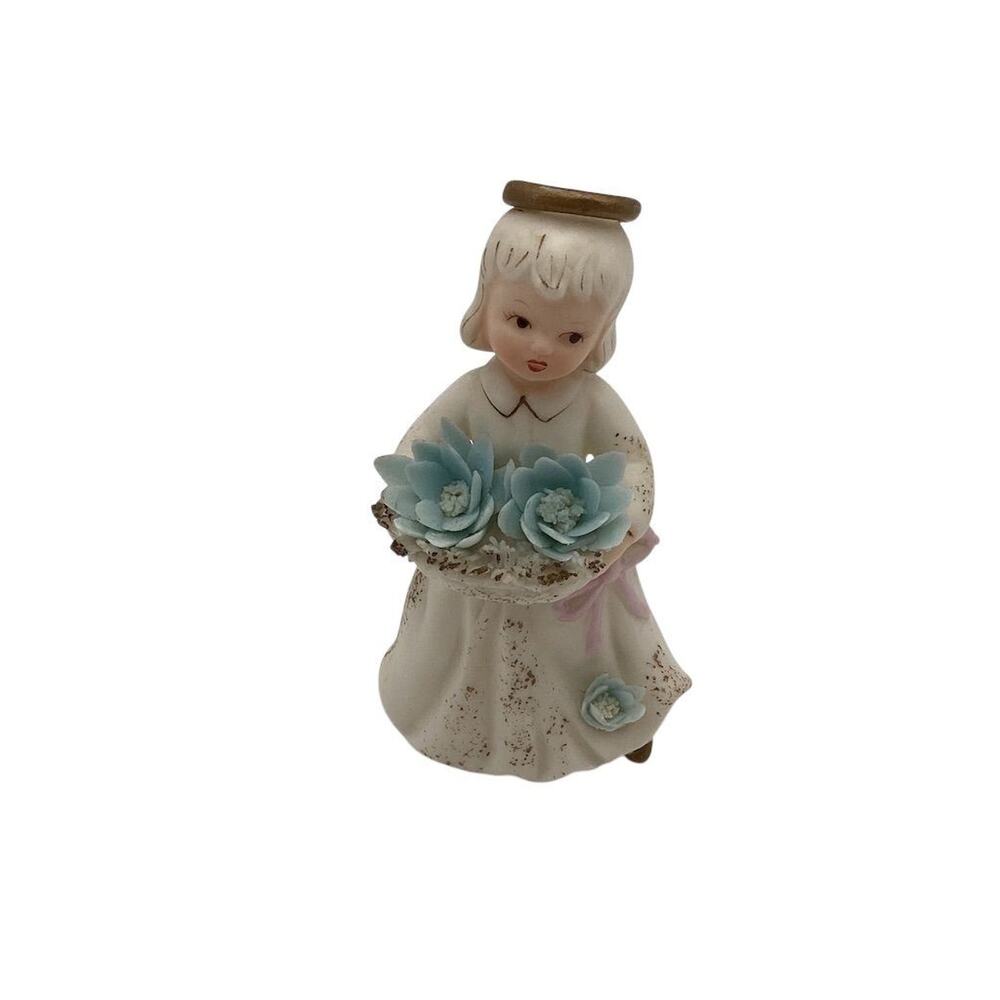 Vintage Angel Figurine with Blue Flowers & Golden Halo 5.5
